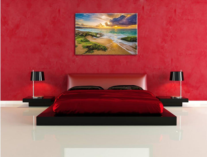 Pixxprint Sonnuntergang auf Hawaii Kunst Buntstift Effekt, Format: 100x70 auf Leinwand, 100x70