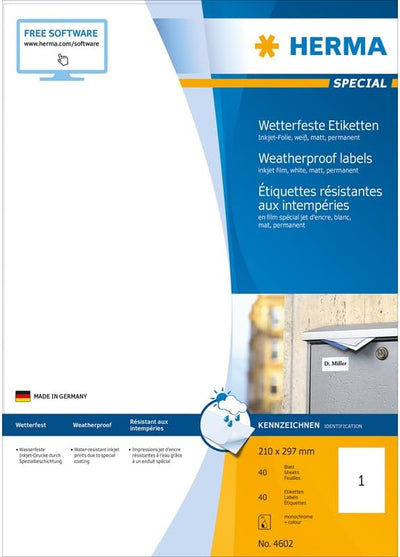 HERMA 4602 Wetterfeste Folienetiketten für Inkjet Drucker, 40 Blatt, 210 x 297 mm, 1 Stück pro A4 Bo