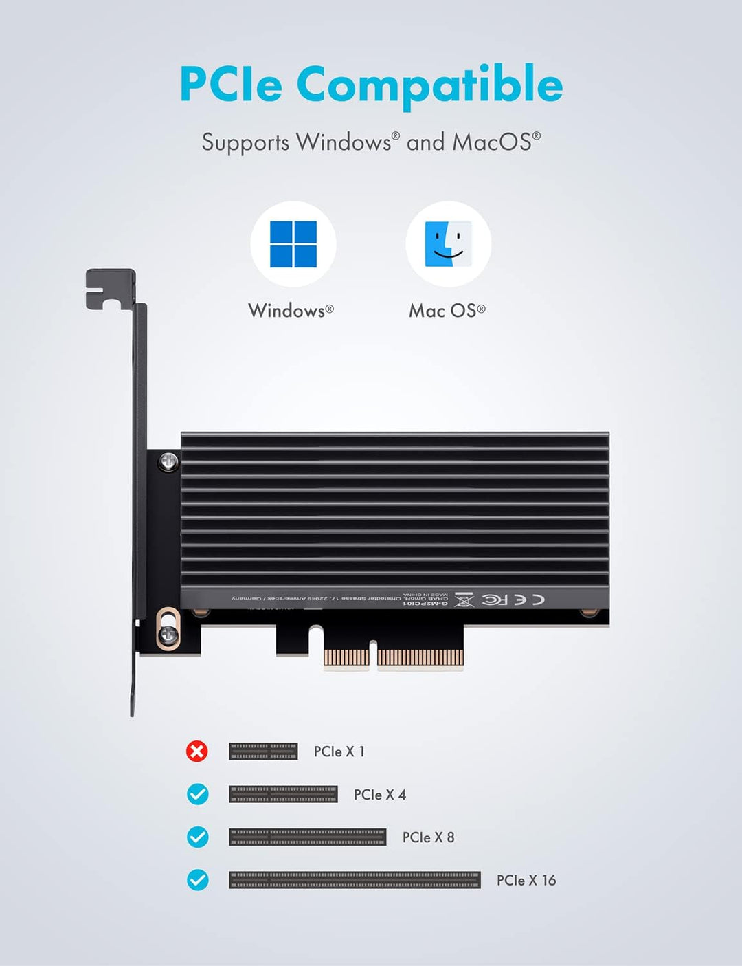 GRAUGEAR M.2 PCIe 4.0 Adapter-Karte für NVMe SSD, M-Key, grosser Aluminium-Kühlkörper, Unterstützt 2