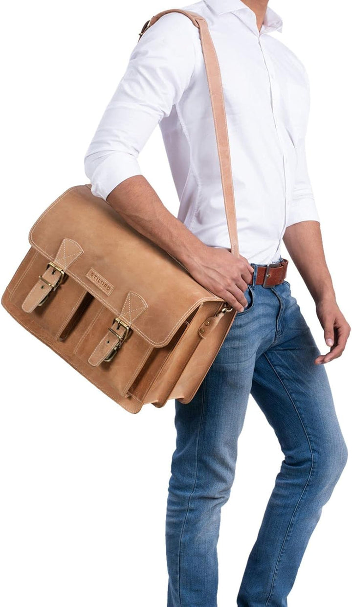 STILORD 'Jeffrey' Lehrertasche Aktentasche Leder Grosse Vintage Ledertasche zum Umhängen 15.6 Zoll L