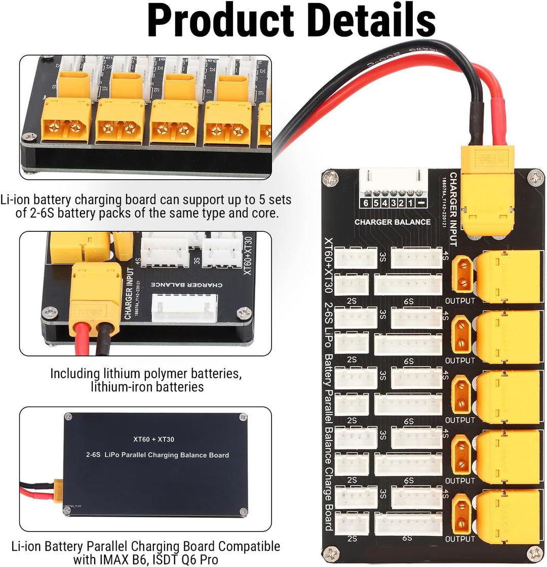 TICFOX Multi-Parallel-Ladeplatine Lipo-Akku-Ladeplatine Parallel XT30 XT60 Stecker 2?6S Lithium-Batt
