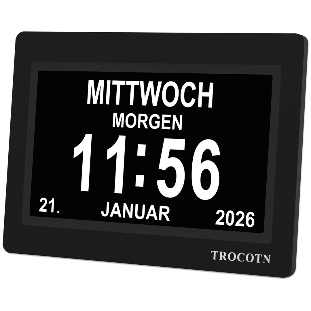 TROCOTN Demenz Uhr Senioren Digitale Uhr Tagesuhr Grosses Display Wecker Wanduhr (Schwarz, 7 Zoll) 7