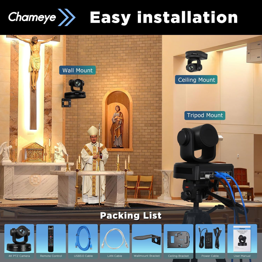 Chameye 4K PTZ Kamera mit KI-Auto-Tracking 20x Optischer Zoom, Konferenzkamera 4K mit HDMI, LAN(PoE)