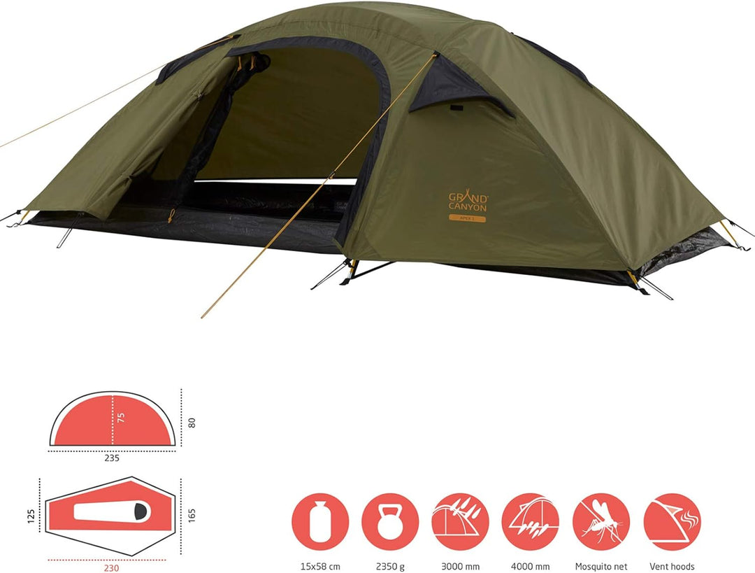 Grand Canyon APEX 1 - Kuppelzelt für 1-2 Personen | Ultra-leicht, wasserdicht, kleines Packmass | Ze