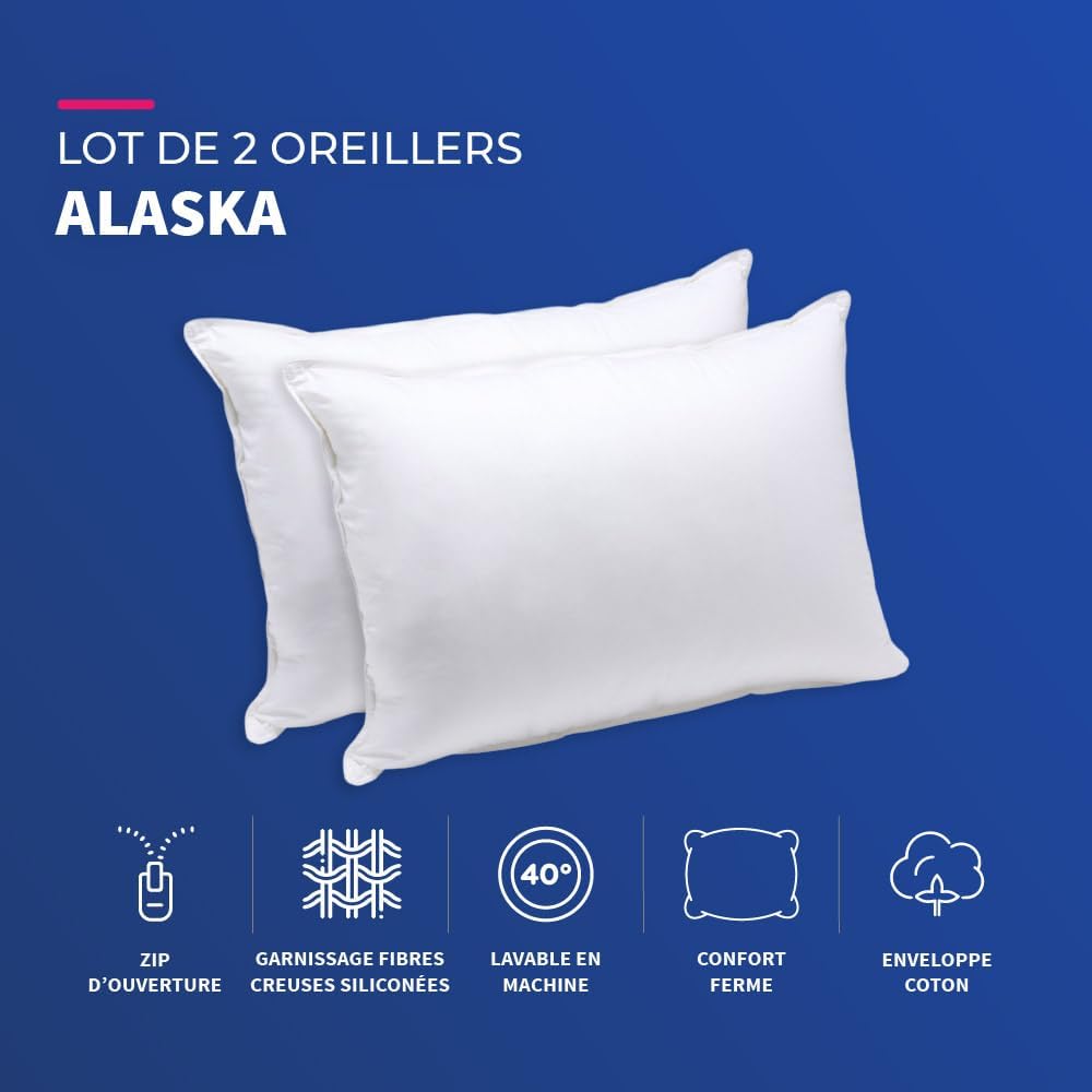 Blau Câlin 2er-Set Kissen mit festem Komfort 'Alaska', super Füllung, Hülle aus 100% Perkal-Baumwoll