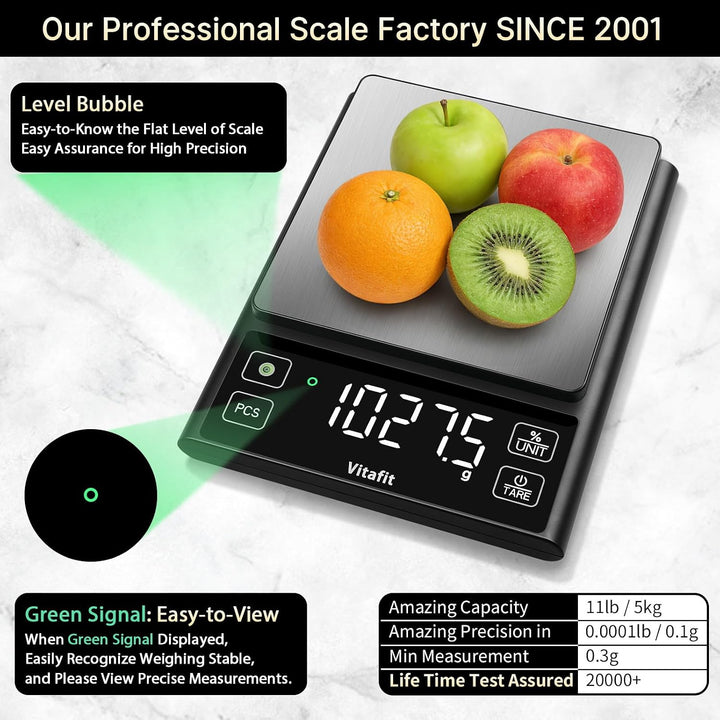 Vitafit 5kg Küchenwaage Digital, Hohe Genauigkeit 0.1g durch Unser Professionelle Fabrik Seit 2001,