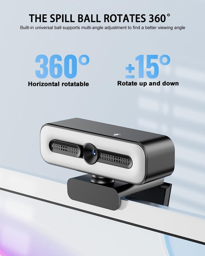 4K UHD Ring Light Webcam for PC, 1080P Web Camera with Dual AI Noise-Cancelling Mics, Auto Light Cor