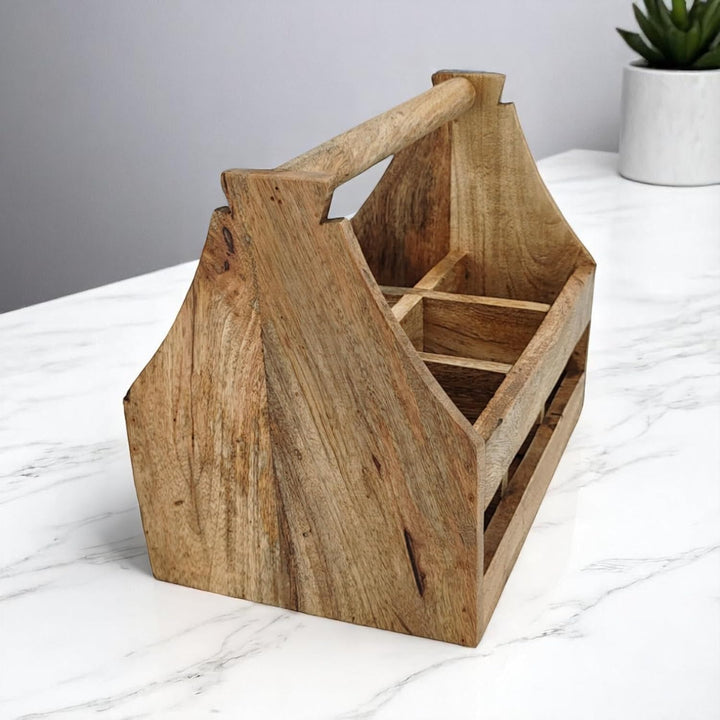 DARO DEKO Holz Flaschenhalter mit Griff für 6 Flaschen 20 x 30cm Flaschen-Träger Männerhandtasche Bi
