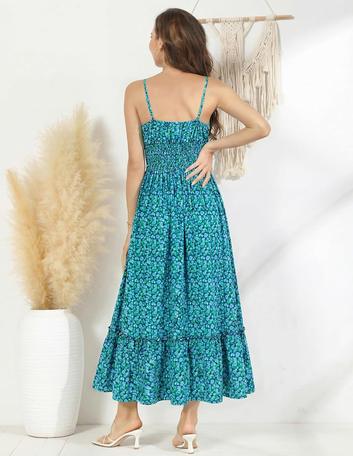 GRACE KARIN Damen Ärmellos Blumenkleid Maxikleid Casual Cami-Kleid Böhmisch Kleid Spaghettiträger Sm