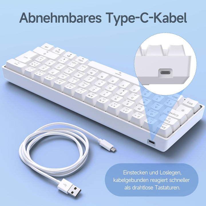 TMKB T61SE Gaming Mechanische Tastatur mit Deutsches QWERTZ Layout,Blauer Schalter,weisse QWERTZ Lay