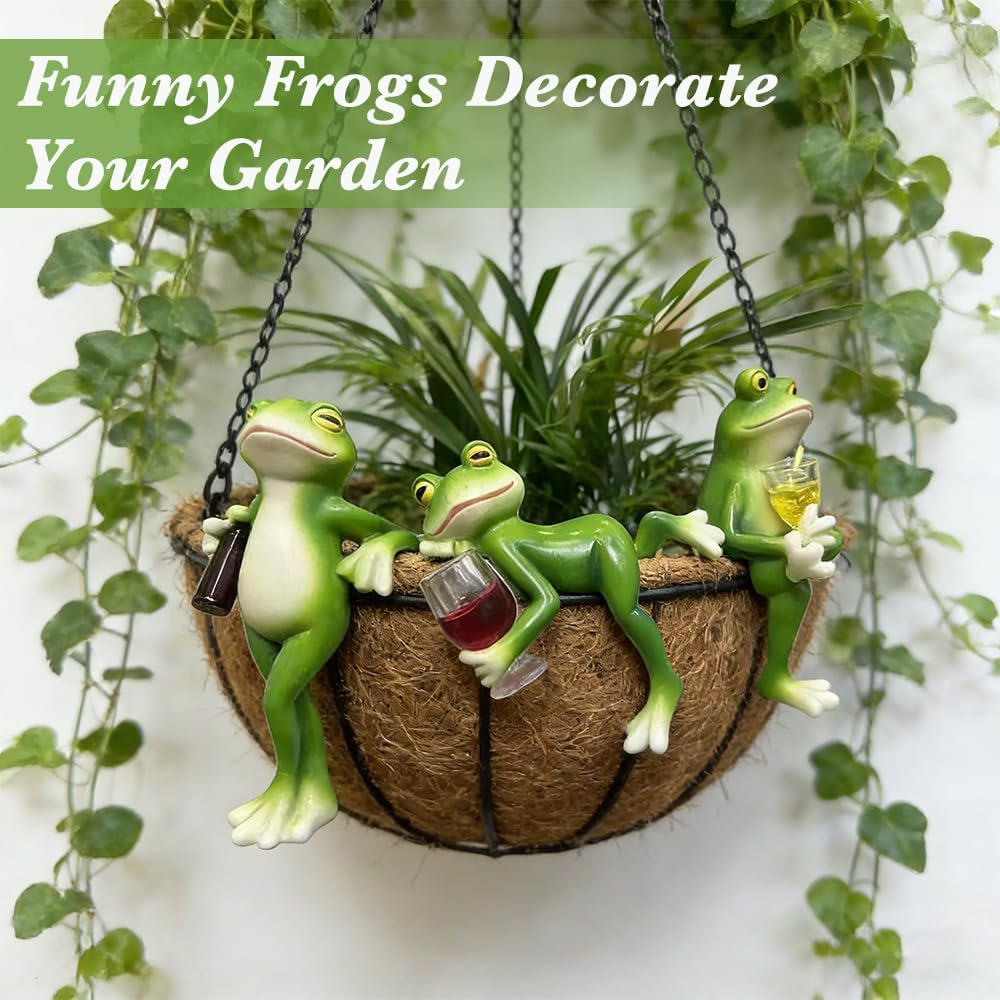 3 Stück Frosch Blumentopf Hänger, Frosch Deko Garten, Harz Lustige Figuren Gartendeko, Gartenfigur S