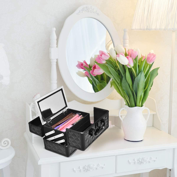 GOPLUS Kosmetikkoffer, Schminkkoffer leer mit Spiegel &amp; 2 ausziehbare Ablagen, Makeup Oragnizer trag
