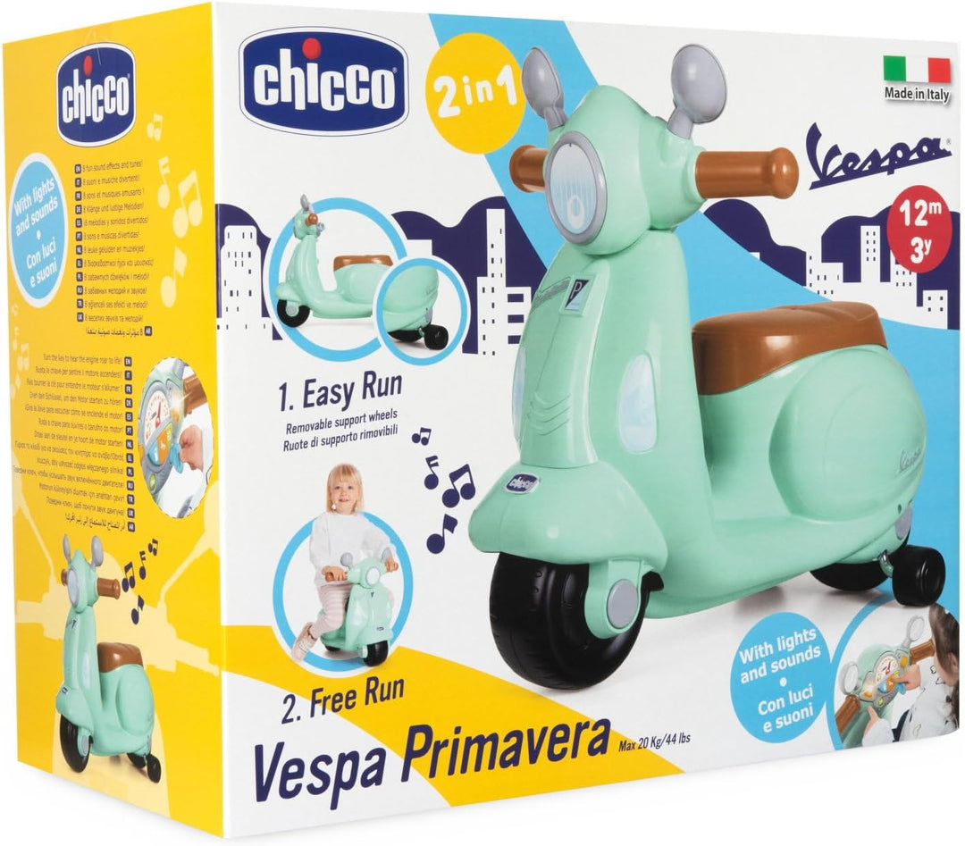 Chicco Vespa Primavera für Kinder Grün, fahrbares Spielzeugmotorrad mit elektronischem Bedienfeld, L