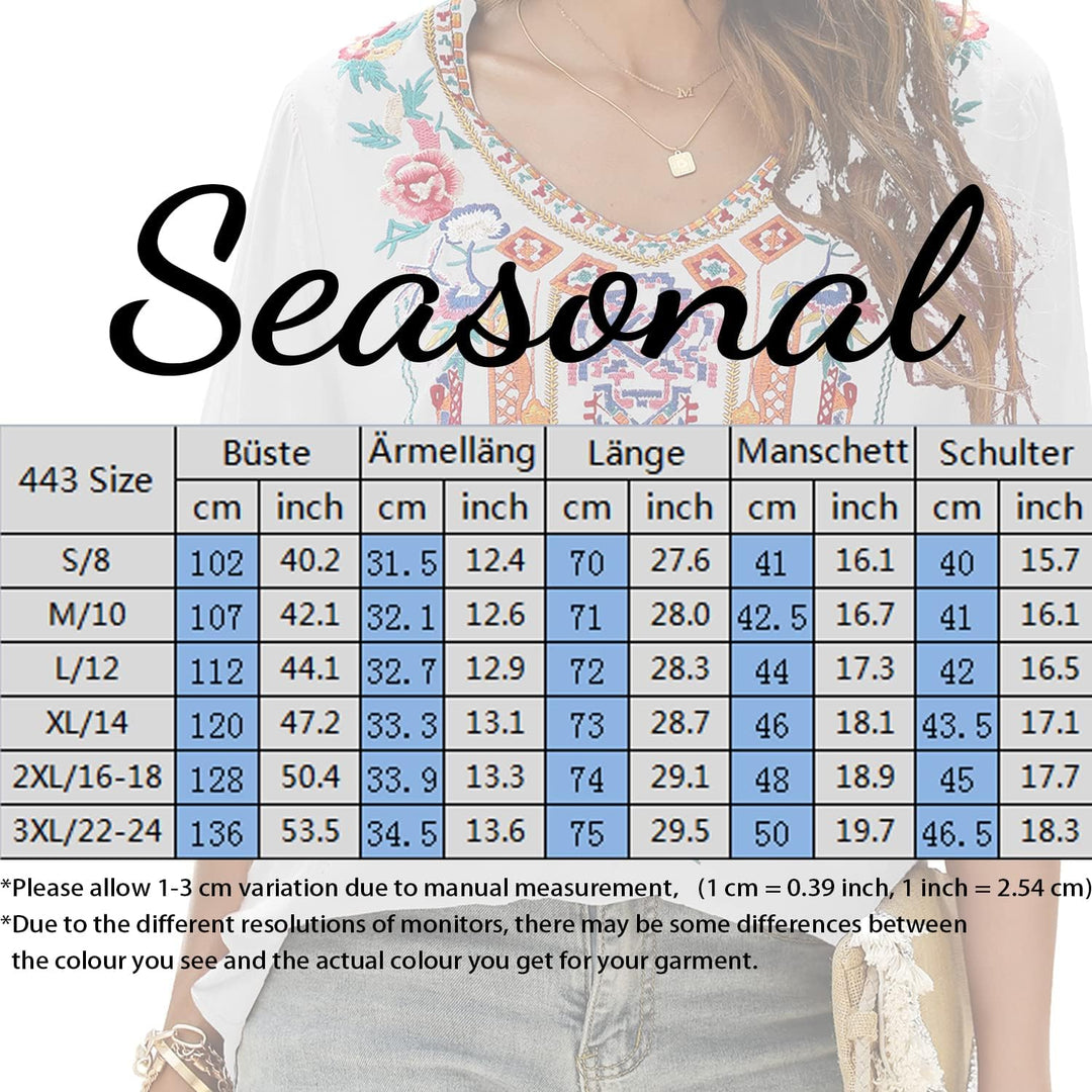 Seasonal Tunika Damen Sommer Boho Bluse Folklore Stickerei Oberteil Trachten Hippie Kleidung Kurzarm