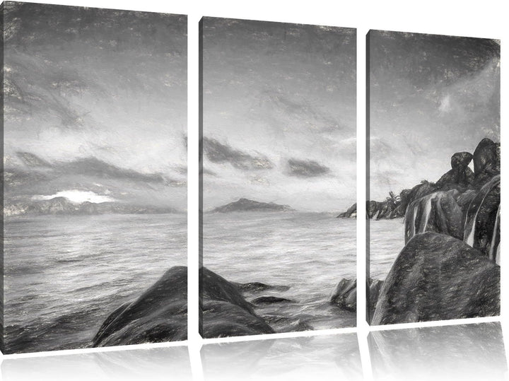 Pixxprint Sonnenuntergang Seychellen Kunst Kohle Effekt 3-Teiler Leinwandbild 120x80 Bild auf Leinwa