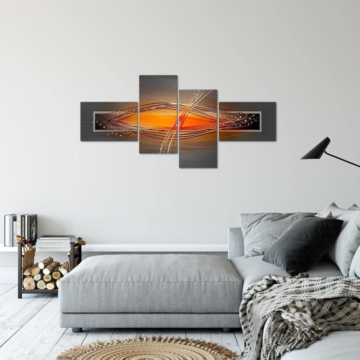 Runa Art Wandbilder Set XXL Abstrakt Wohnzimmer Schlafzimmer Grau Orange Schwarz 4 Teilig - Made in