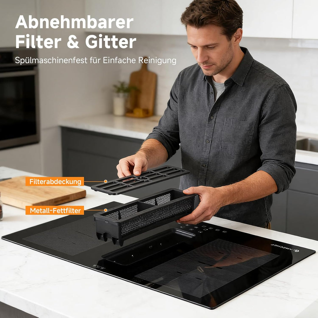AMZCHEF Induktionskochfeld mit integriertem Dunstabzug 7200W, 4 Kochzonen, Autarkes Muldenlüfter-Koc