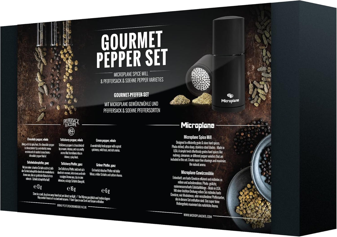 Microplane Gewürzmühle im Set mit Tellicherry Pfeffer, Grüner Pfeffer &amp; Schokoladenpfeffer