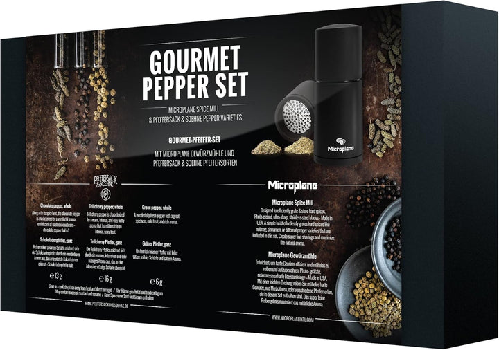 Microplane Gewürzmühle im Set mit Tellicherry Pfeffer, Grüner Pfeffer &amp; Schokoladenpfeffer