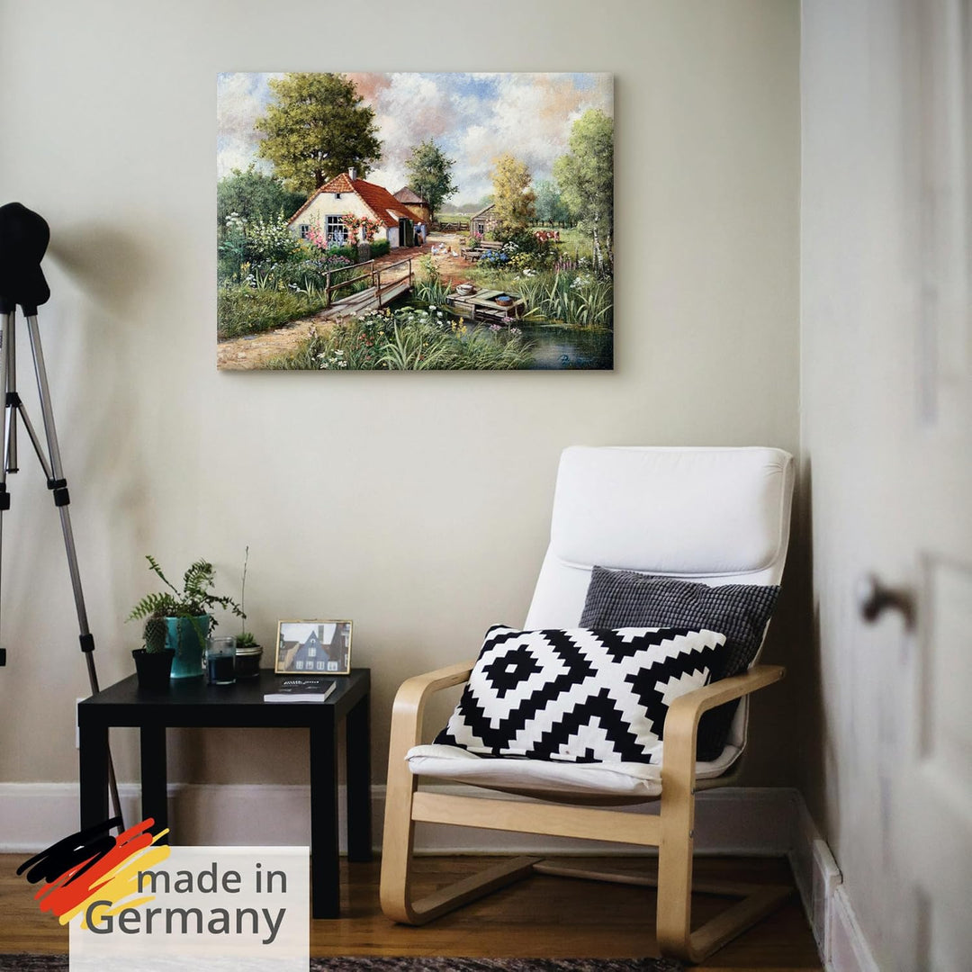 ARTland Leinwandbilder Wandbild Bild auf Leinwand 60x45 cm Wanddeko Bauernhof Landschaft Natur Fluss
