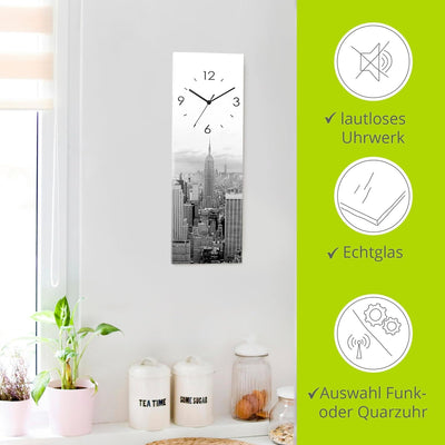 ARTLAND Wanduhr ohne Tickgeräusche Glas Quarzuhr 20x60 cm Rechteckig Lautlos New York Skyline Städte