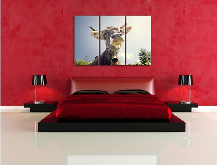 Pixxprint Lustiges Portrait Einer Kuh als Leinwandbild | Grösse: 3 Teilig (120x80) | Wandbild| Kunst