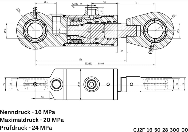 Hydraulikzylinder doppelwirkend mit Gelenkauge 50/28 300mm Hub | Hydraulischer Zylinder 50/28/300 50