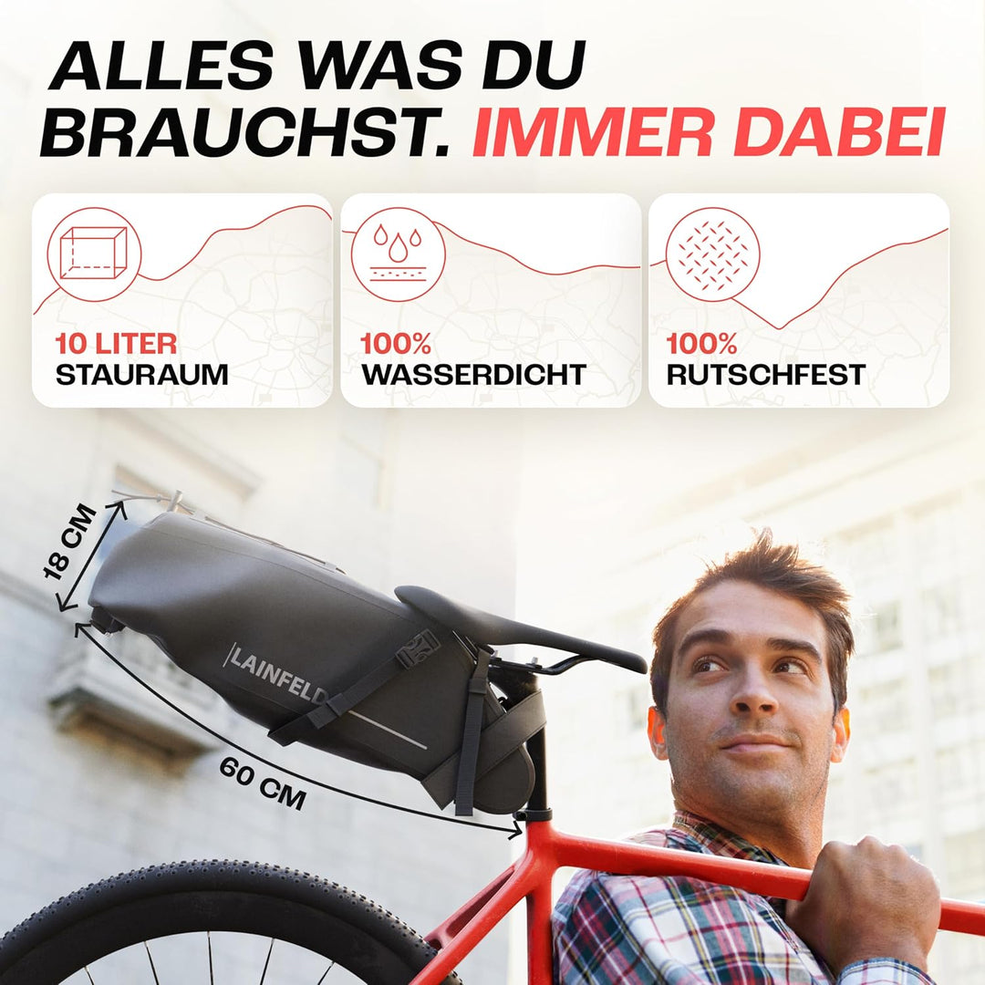 Fahrrad Satteltasche [10 Liter] | 100% Wasserdicht | Reflektierender Aufdruck - Bikepacking E-Bike M