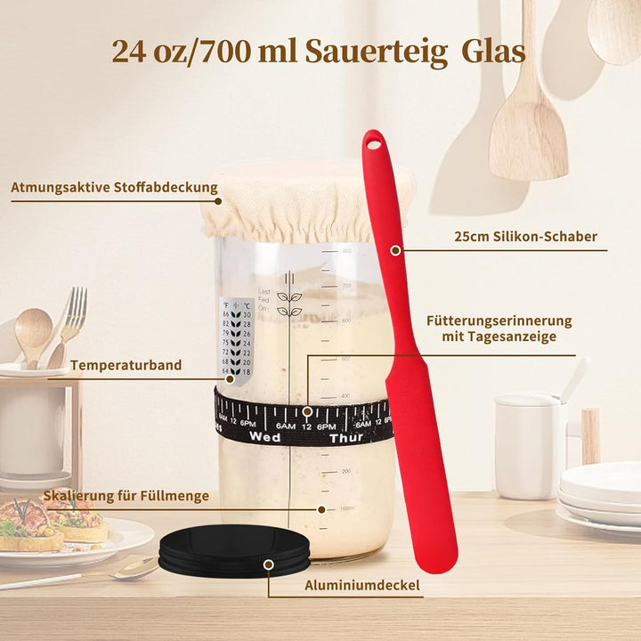 Gärkörbchen Sauerteig Starter Set, 700ml Sauerteig Glas, Gärkorb rund 25cm & Liner – Komplettes Brot