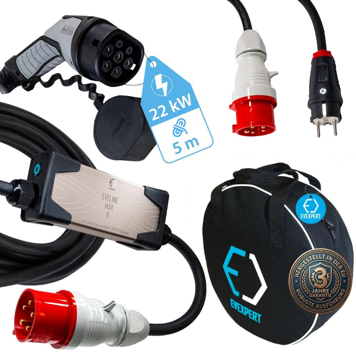 Typ 2 Ladekabel Schuko, Eveline Max I/II, 3,7-22kW Smart EV Ladegerät und Mobile Ladestation für Ele