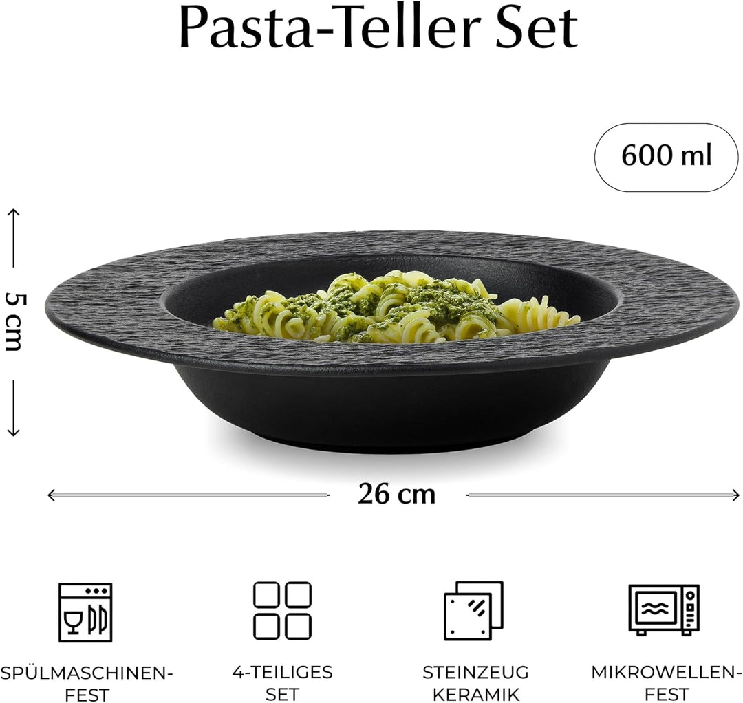 MIAMIO – 26 cm, 4er Pastateller-Set, grosse tiefe Suppenteller, modernes Keramik-Geschirr in schwarz