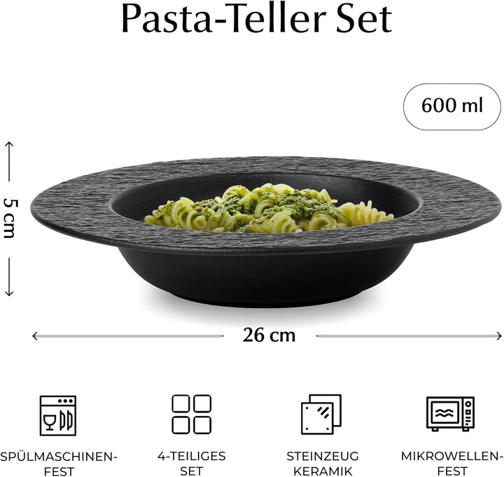 MIAMIO – 26 cm, 4er Pastateller-Set, grosse tiefe Suppenteller, modernes Keramik-Geschirr in schwarz