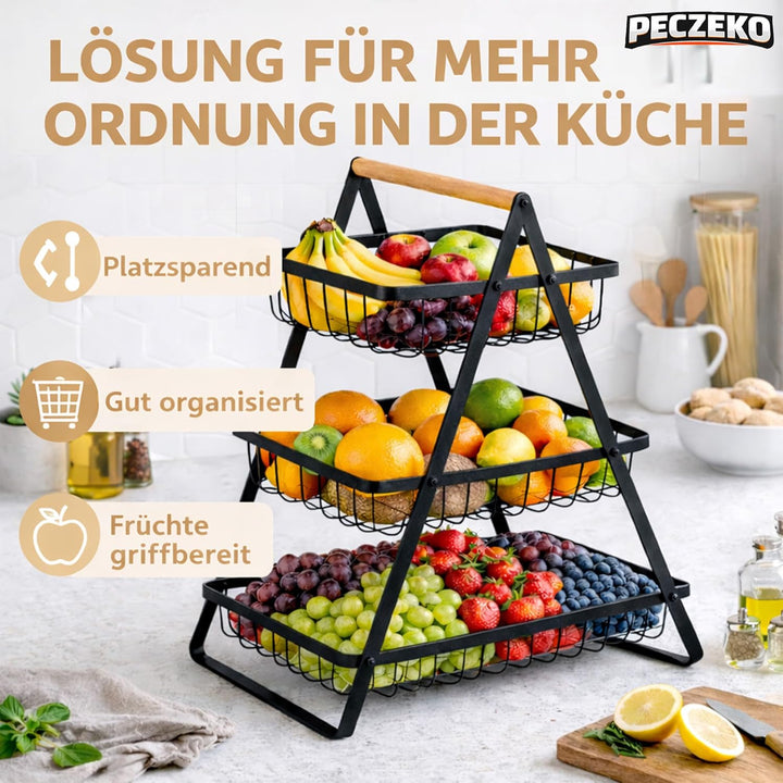 Dreistöckiger Obstkorb mit 3 Ebenen – Platzsparende Obstschale & Obsetagere aus Metall mit Holzgriff