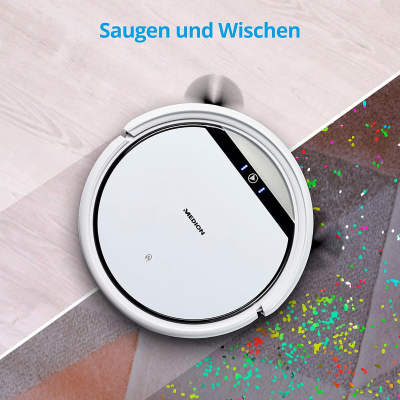 MEDION Saugroboter mit Wischfunktion E32 SW (Modell 2021, 2in1 Roboterstaubsauger für Böden Fliesen,