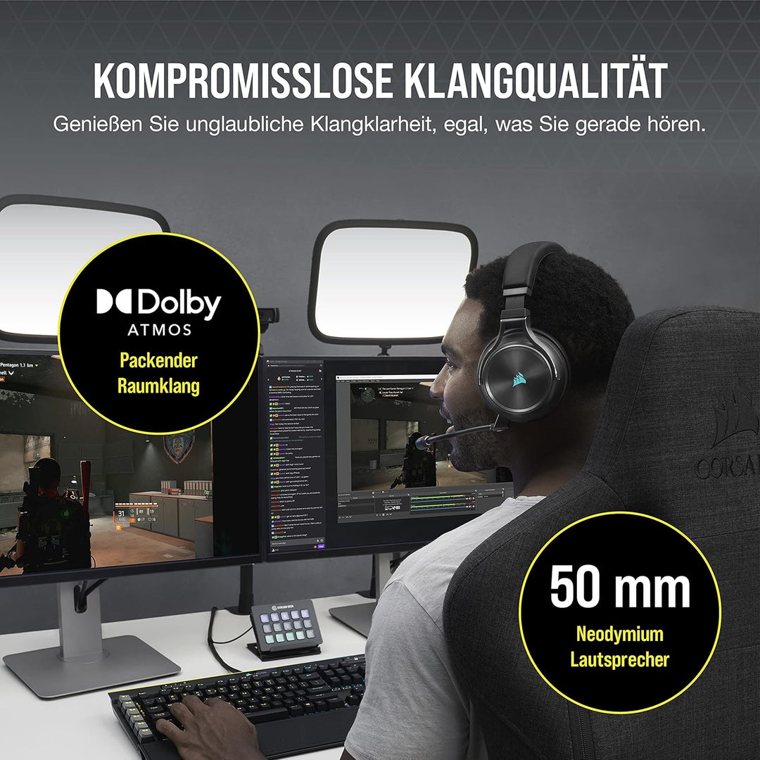 Corsair VIRTUOSO RGB WIRELESS XT Hi-Fi-Gaming-Headset mit Räumlichem Klang (Gleichzeitige Dual-Wirel