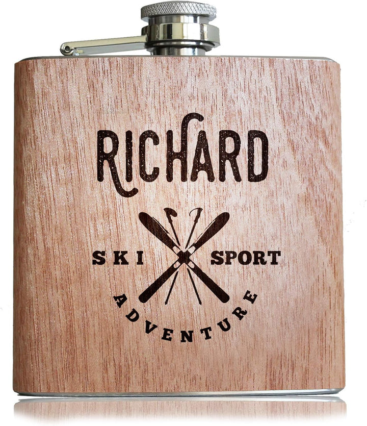 Pixelstudio Geschenk für Skifahrer Holz Flachmann mit persönlicher Namens Gravur Geschenkidee Skifah