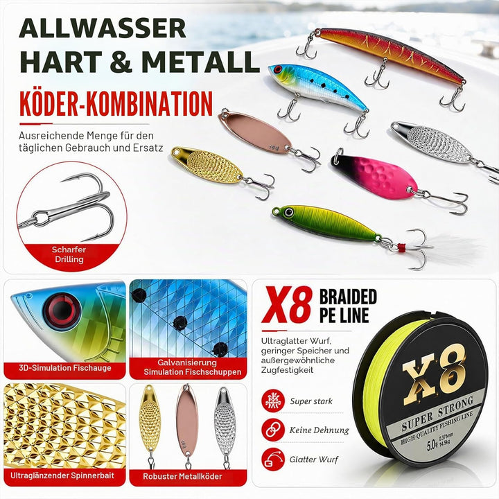 680 Stück Angelzubehör Set, 3-Regal Angelkoffer mit Köder, Haken, Angelzange, Angelwaage, Angelausrü