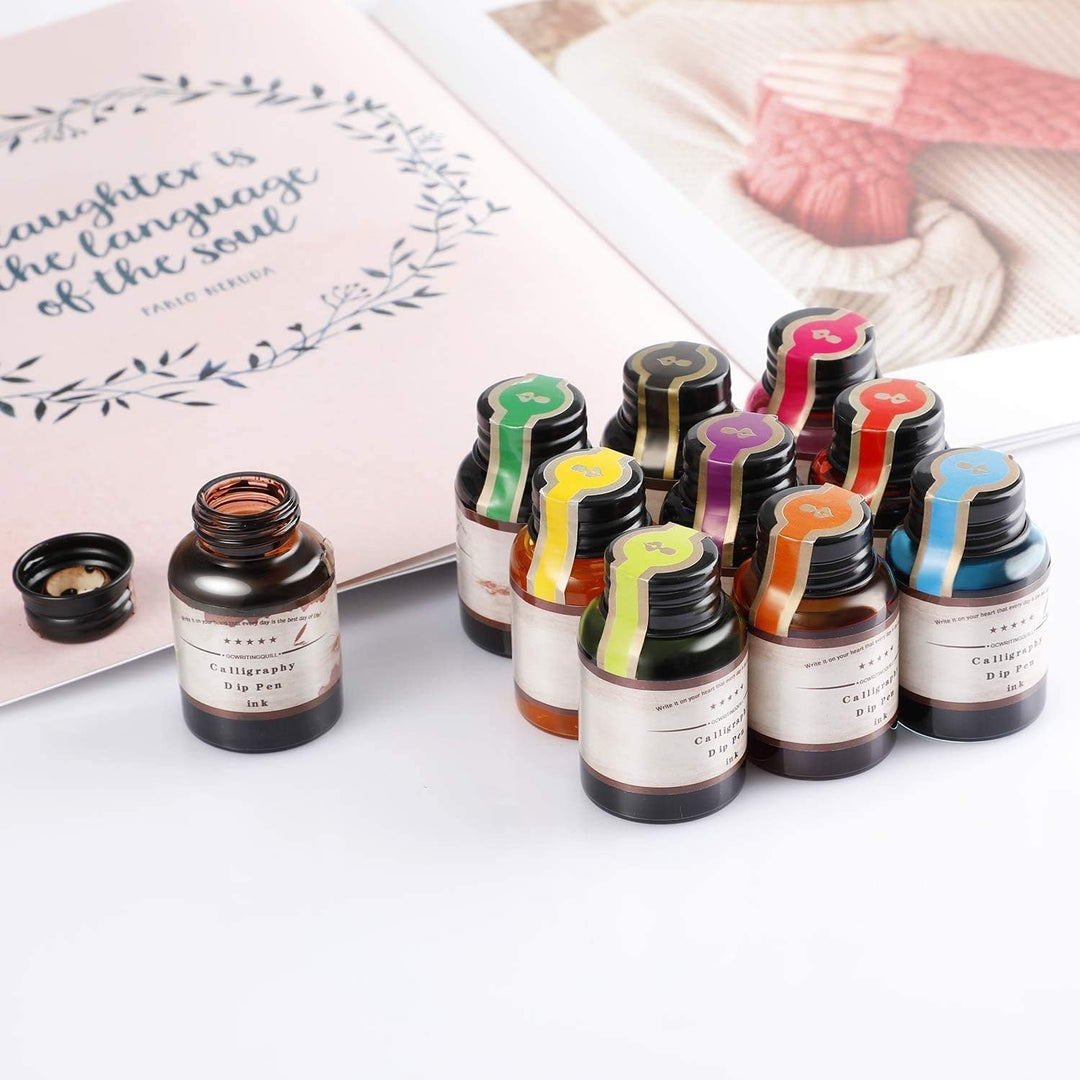 GC Kalligraphie Tinte-Set mit 10 Farben x 20 ml Tintenflaschen- Kohlenstofffreie Tinte für Füllfeder