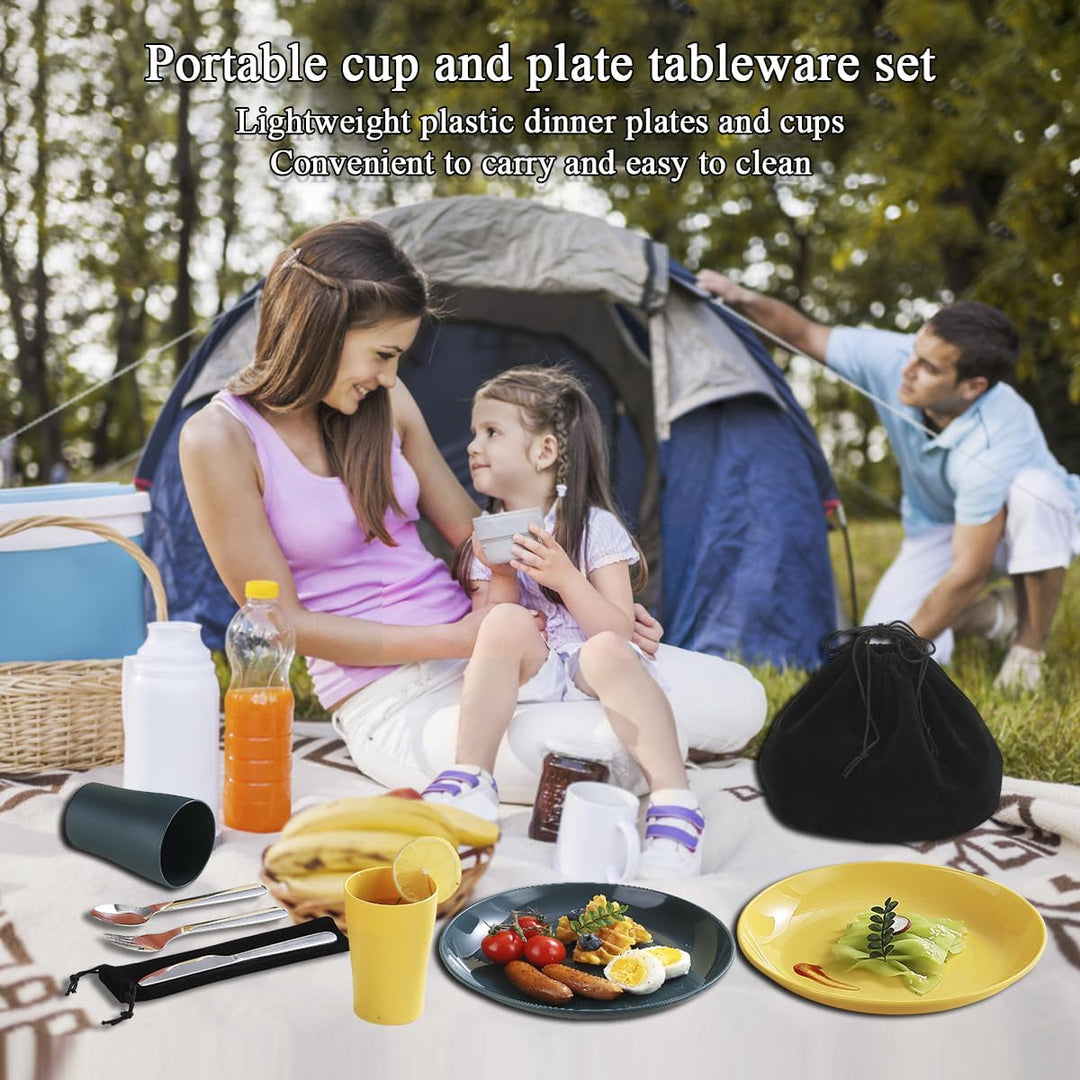Evanda Camping Besteck Set 10 teilig, wiederverwendbarer leichter Becher, Teller und Edelstahlbestec