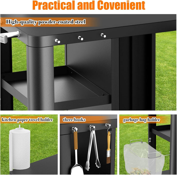 GFTIME Grillwagen, Grilltisch mit klappbarer Beistelltisch, Outdoorküche mit Haken, Aufbewahrungsreg