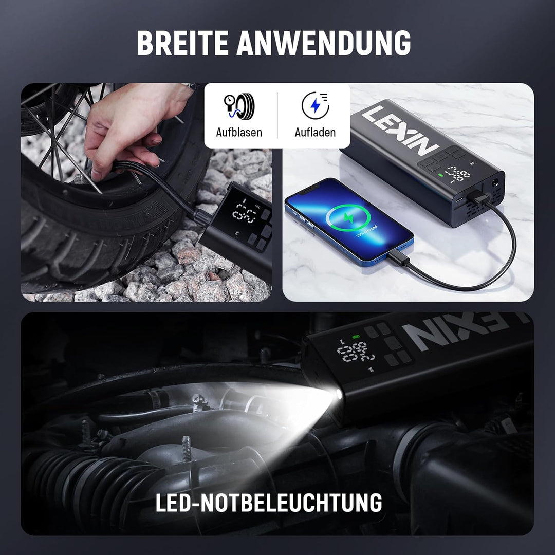 LEXIN P5 Elektrische Luftpumpe, Akku Kompressor 5000 mAh, 10,3 Bar Tragbare Reifenpumpe für Fahrrad,
