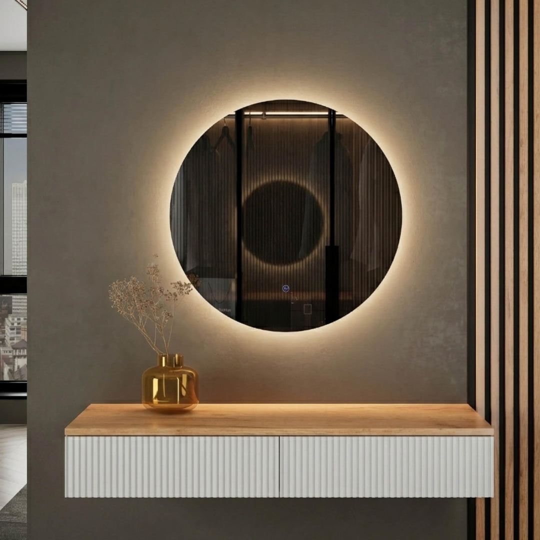 Planetmöbel Flur Garderobe Set Konsolentisch 100 cm inkl. Spiegel mit Beleuchtung rund (ohne Rahmen)