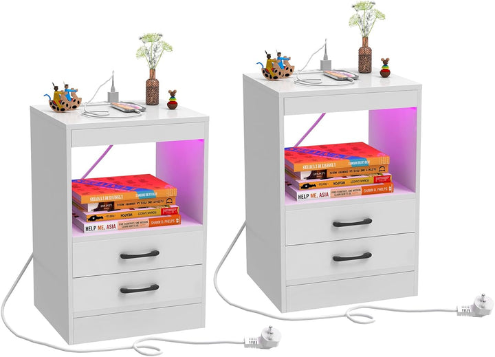 PIPIPOXER 2er Set Nachttisch mit Steckdose & USB, Nachttisch Weiss Nachtschrank Hochglanz Nachtkommo