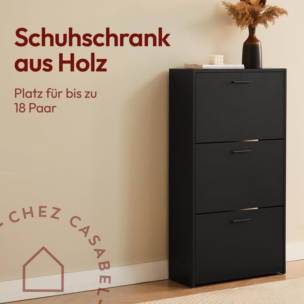 CASABEL Schuhschrank Schmal für 18 Paar Schuhe, Modernes Schuhregal Holz mit 3 Klappen, Platzsparend