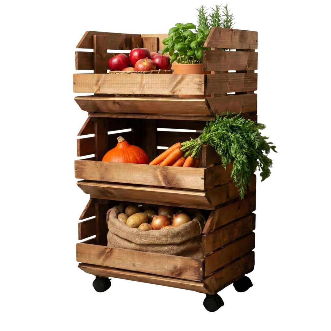 Stapelkisten Set Gemüseregal Mit Rollen 3 Holzkisten Regal Obsthorde Kartoffelkiste Braun Mit Montag
