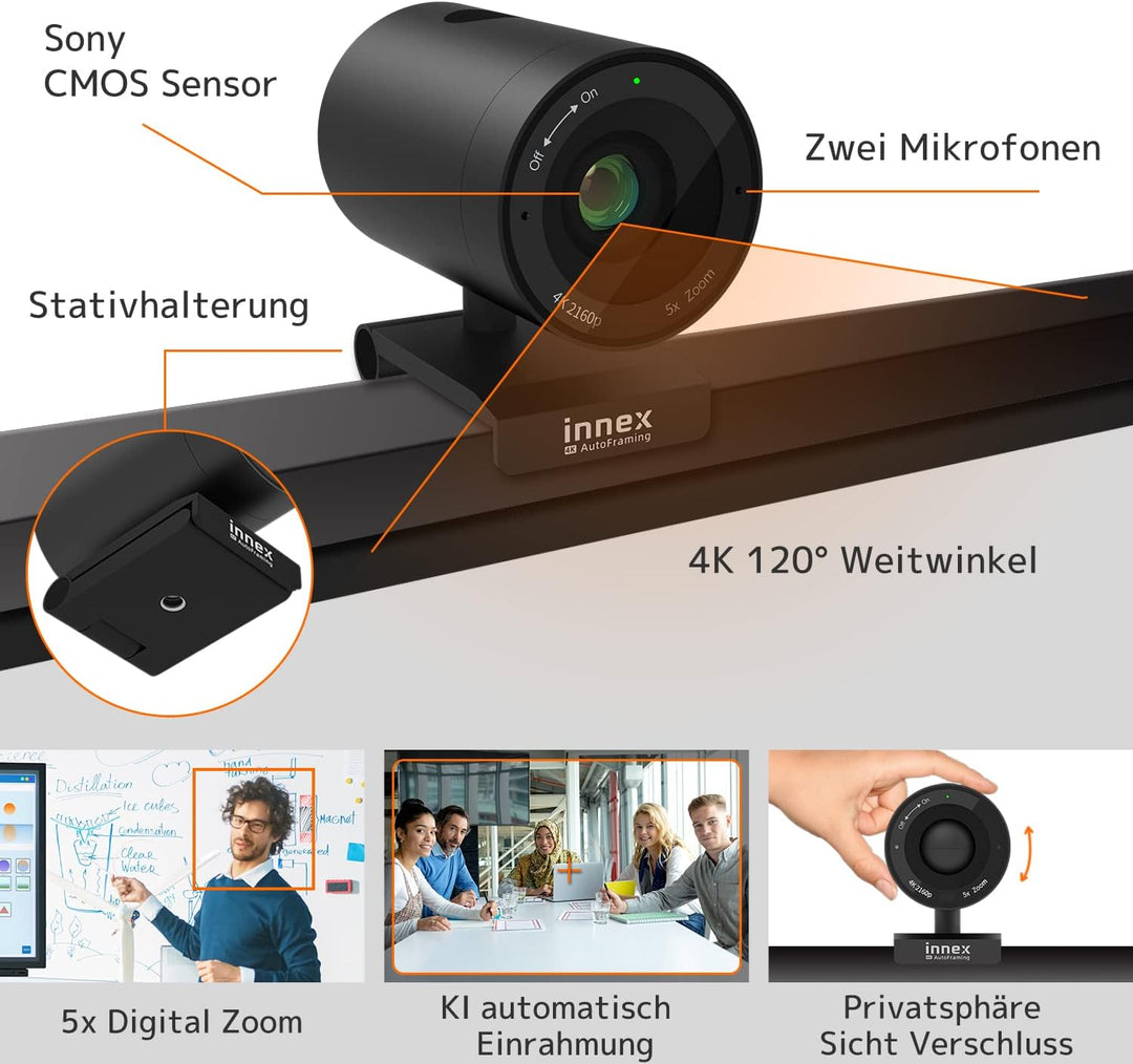 Innex C570 Webcam 4K mit 120 Grad Weitwinkel, AI-Tracking, Auto-Framing, ePTZ, mit Mikrofon, 5X Digi