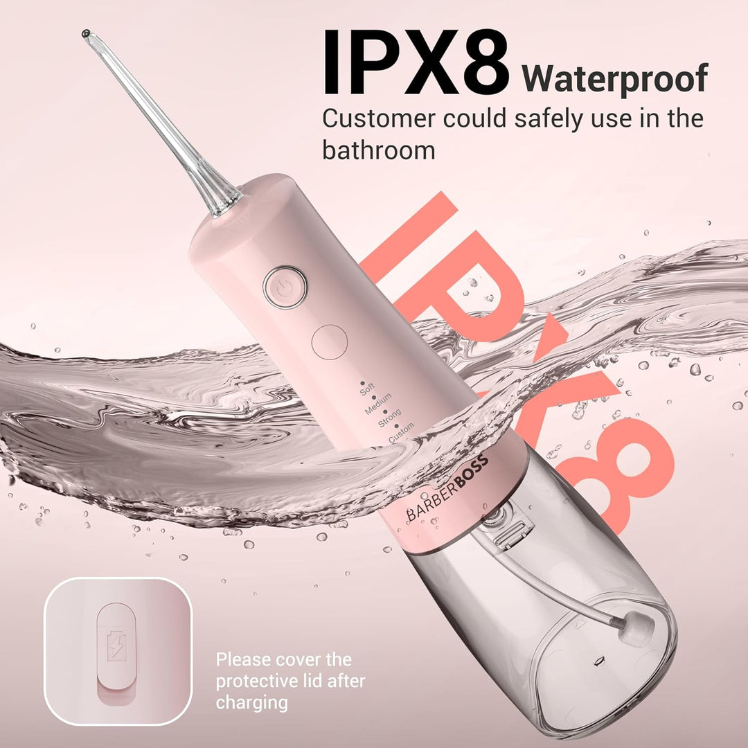 BarberBoss Munddusche Kabellos, Elektrische Zahnseide mit 5 Druckmodi, IPX8 Wasserschutz, tragbares