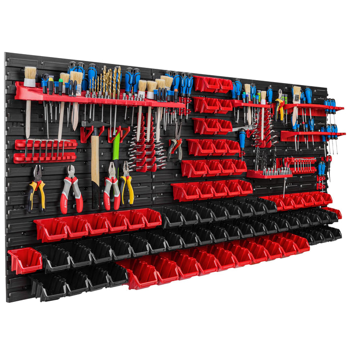 Lagersystem Werkstattregal | 172 x 78 cm | 78 stck. Box | Wandregal mit Werkzeughalterungen und Stap