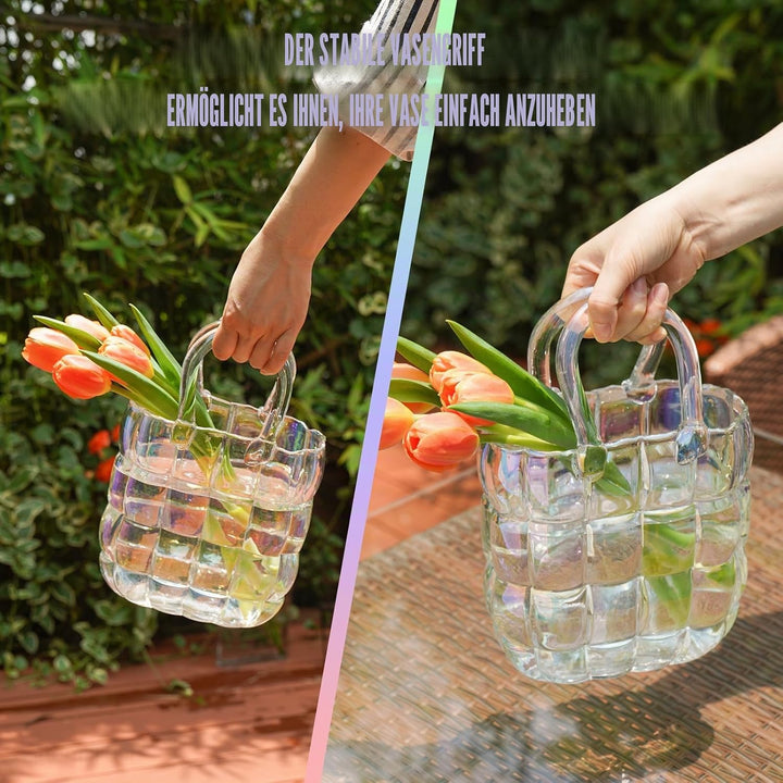 NiHome Glas-Geldbörsen-Vase, schillernde Glas-Taschen-Vase mit Griff, Handtaschen-Form, Vase für Blu