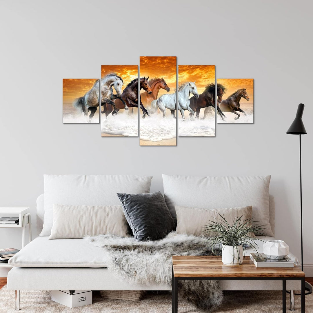 Runa Art Wandbilder Pferde 5 Teilig Bild auf Vlies Leinwand Deko Wohnzimmer Schlafzimmer Tiere Orang